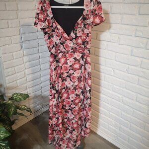 Lily Rose Ladies Size Small Faux Wrap Top Black w/ Pink & White Maxi Dress